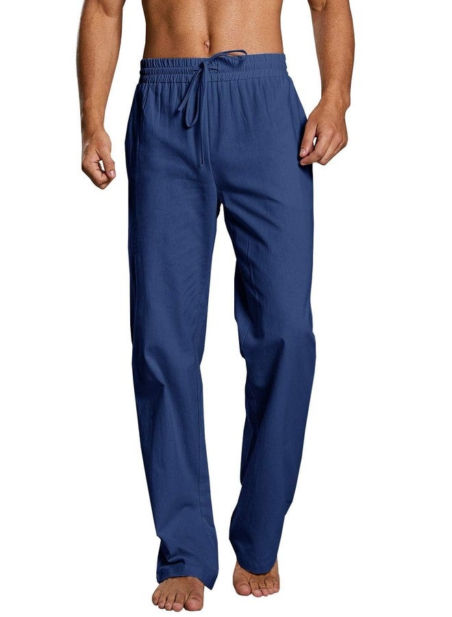 PASLTER Mens Casual Linen Pants Loose Fit Elastic Drawstring Waist Straight-Legs Summer Yoga Beach Long Pants B-Blue - Image 1